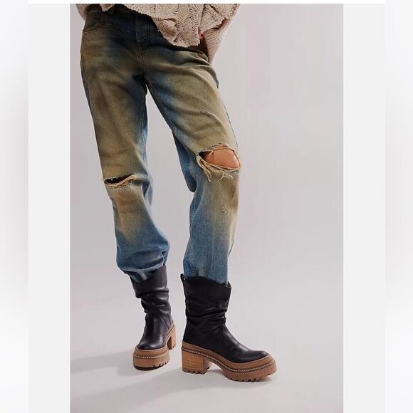 Free People Mel Leather Slouch Boot in Black  Size 7.5 NIB - Picture 1 of 15